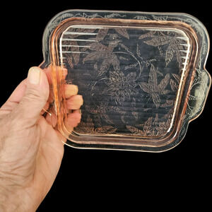 Vintage Pink Depression Glass Square Tray Floral Ribbed Design